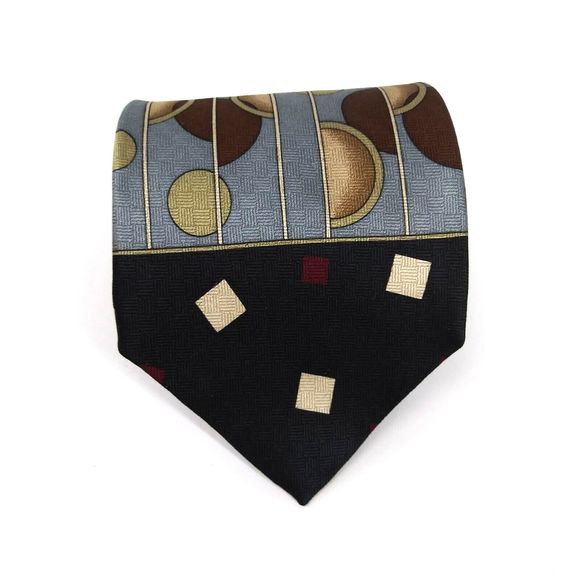 Stuart Brooks Mens Necktie 100% Silk Black Red Geometric Tie - 57.50" x 3.75" - Picture 2 of 6